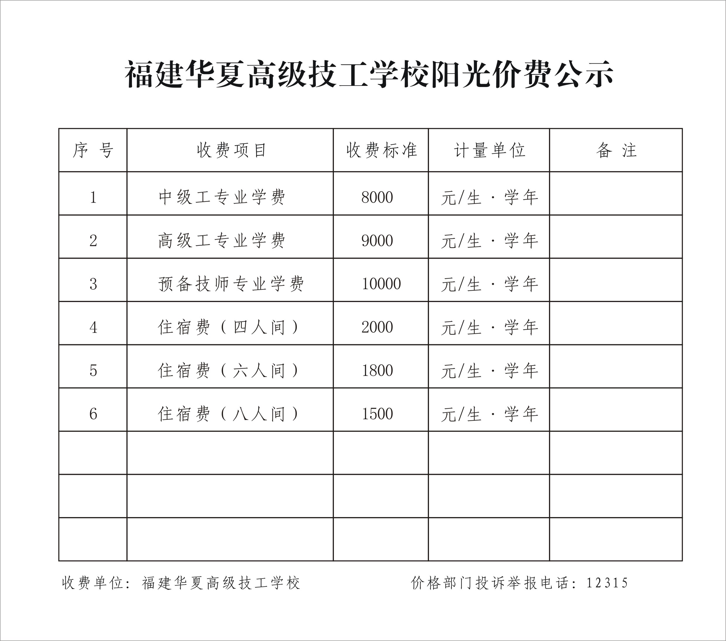 福建華夏高級技工學(xué)校收費標準